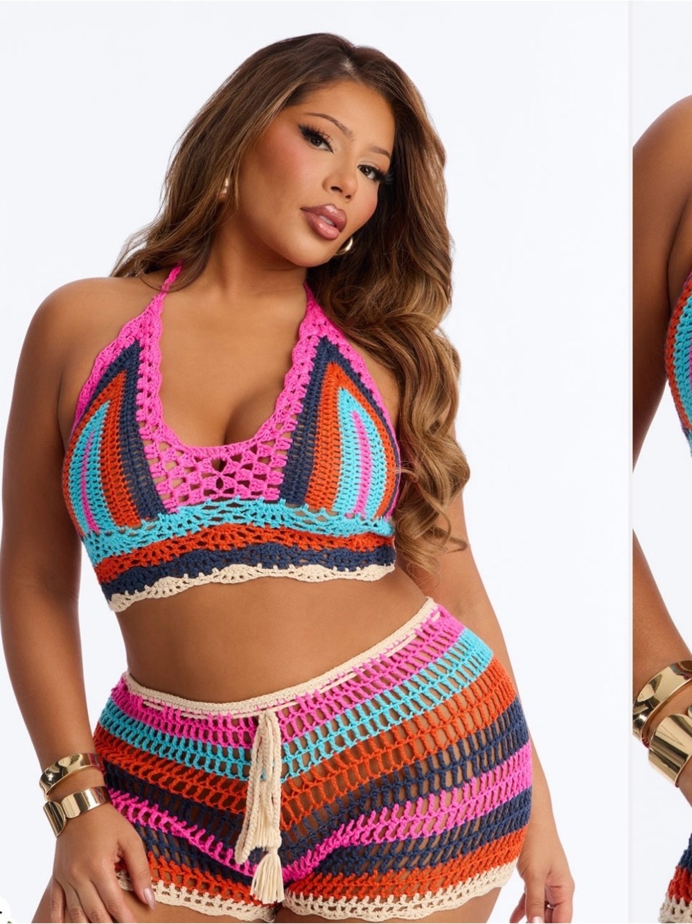 Crochet Halter Swim Top in Multi Pink